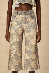 Iliana Denim Jeans Blue & White Lace Panel Wide Leg