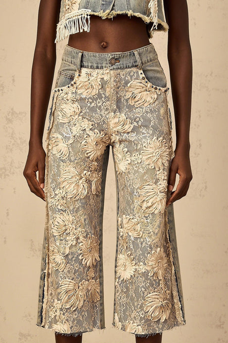Iliana Denim Jeans Blue & White Lace Panel Wide Leg