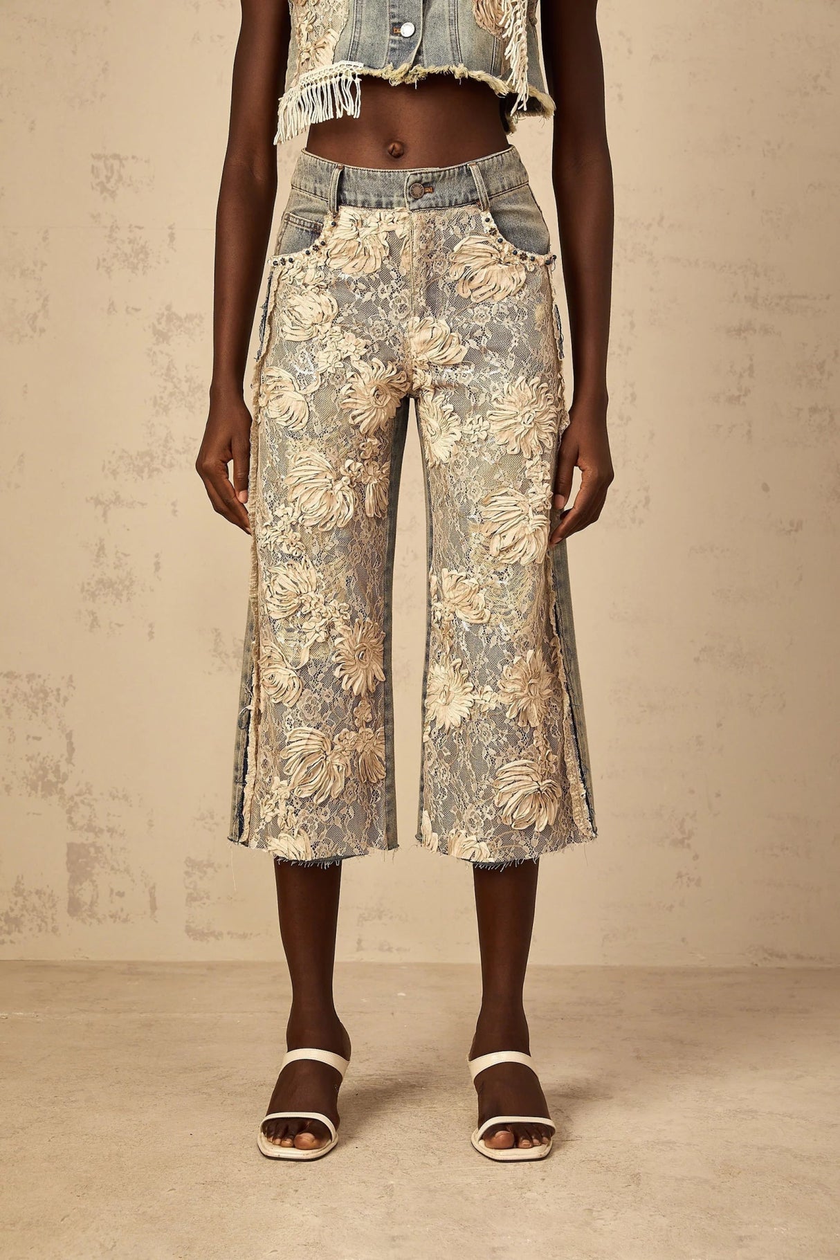 Iliana Denim Jeans Blue & White Lace Panel Wide Leg