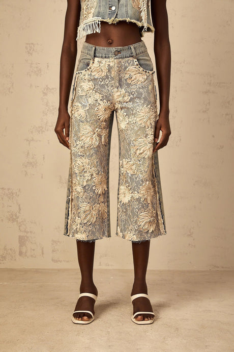 Iliana Denim Jeans Blue & White Lace Panel Wide Leg