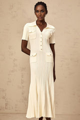 Iliana Midi Dress - Ribbed Knit - Stretch Design - V - Neck - Flared Hem - Patch Pockets