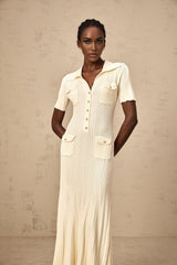 Iliana Midi Dress - Ribbed Knit - Stretch Design - V - Neck - Flared Hem - Patch Pockets