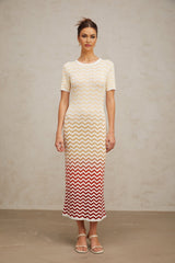 Iliana Midi Dress - Round Neck - Short Sleeves - Knitted Construction - Fitted Silhouette - Zigzag Woven Design