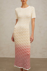 Iliana Midi Dress - Round Neck - Short Sleeves - Knitted Construction - Fitted Silhouette - Zigzag Woven Design
