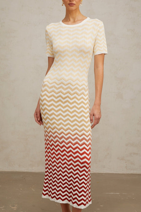 Iliana Midi Dress - Round Neck - Short Sleeves - Knitted Construction - Fitted Silhouette - Zigzag Woven Design