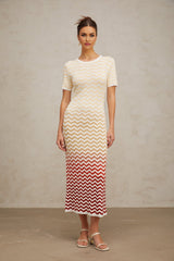Iliana Midi Dress - Round Neck - Short Sleeves - Knitted Construction - Fitted Silhouette - Zigzag Woven Design
