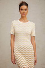 Iliana Midi Dress - Round Neck - Short Sleeves - Knitted Construction - Fitted Silhouette - Zigzag Woven Design