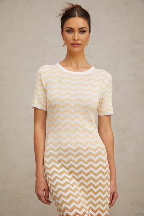 Iliana Midi Dress - Round Neck - Short Sleeves - Knitted Construction - Fitted Silhouette - Zigzag Woven Design