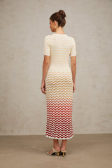 Iliana Midi Dress - Round Neck - Short Sleeves - Knitted Construction - Fitted Silhouette - Zigzag Woven Design