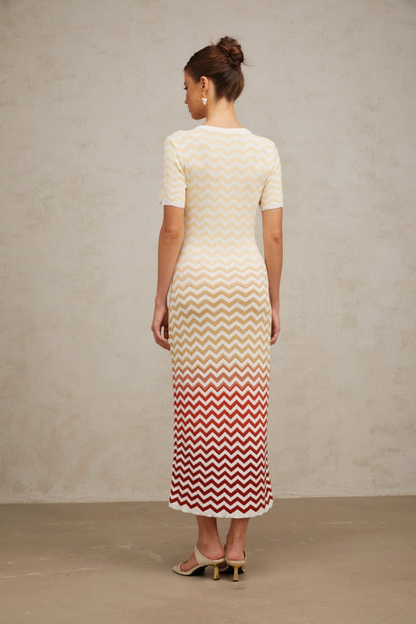 Iliana Midi Dress - Round Neck - Short Sleeves - Knitted Construction - Fitted Silhouette - Zigzag Woven Design