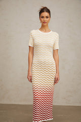 Iliana Midi Dress - Round Neck - Short Sleeves - Knitted Construction - Fitted Silhouette - Zigzag Woven Design