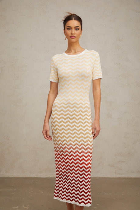 Iliana Midi Dress - Round Neck - Short Sleeves - Knitted Construction - Fitted Silhouette - Zigzag Woven Design