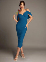 Iliana Midi Dress - Spaghetti Strap - Cold Shoulder - Bodycon - Elegant