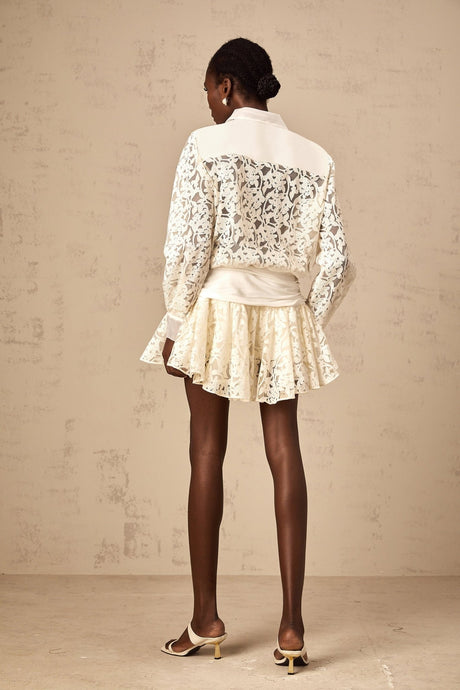 Iliana Mini Dress - Straight - Point Collar - Long Sleeves - Floral Lace and Ruched Detailing