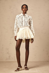 Iliana Mini Dress - Straight - Point Collar - Long Sleeves - Floral Lace and Ruched Detailing