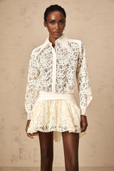 Iliana Mini Dress - Straight - Point Collar - Long Sleeves - Floral Lace and Ruched Detailing