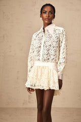 Iliana Mini Dress - Straight - Point Collar - Long Sleeves - Floral Lace and Ruched Detailing