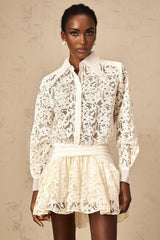 Iliana Mini Dress - Straight - Point Collar - Long Sleeves - Floral Lace and Ruched Detailing