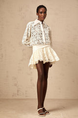 Iliana Mini Dress - Straight - Point Collar - Long Sleeves - Floral Lace and Ruched Detailing