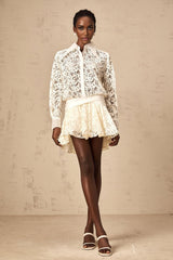 Iliana Mini Dress - Straight - Point Collar - Long Sleeves - Floral Lace and Ruched Detailing