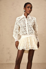 Iliana Mini Dress - Straight - Point Collar - Long Sleeves - Floral Lace and Ruched Detailing