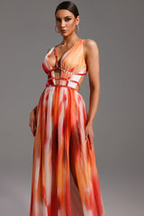 Iliana Orange Maxi Dress V-Neckline Detailing Cut-Out Accents Lightweight Fabric Summer Weddings Evening Gatherings Style Sophistication