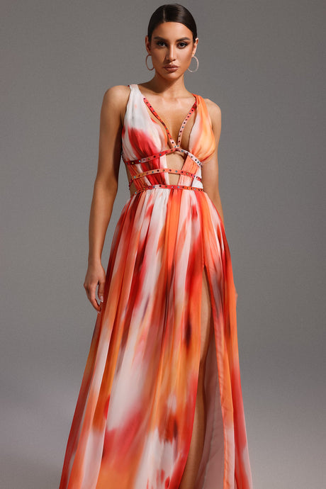 Iliana Orange Maxi Dress V-Neckline Cut-Out Accents Lightweight Fabric Summer Wedding Evening Gatherings