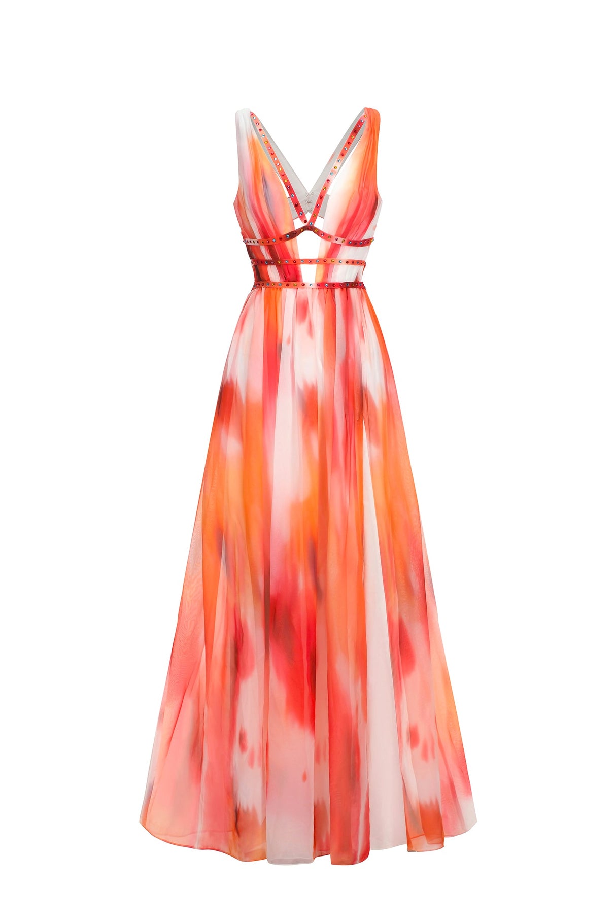 Iliana Orange Maxi Dress V-Neckline Cut-Out Accents Lightweight Fabric Summer Wedding Evening Gatherings