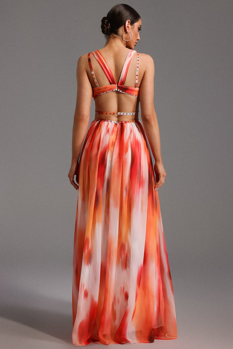 Iliana Orange Maxi Dress V-Neckline Cut-Out Accents Lightweight Fabric Summer Wedding Evening Gatherings