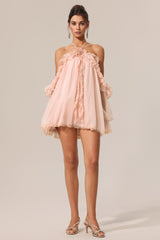 Iliana Pink Ruffled Hem Mini Dress with Flower Neckline and Puffed Sleeves