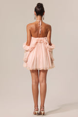 Iliana Pink Ruffled Hem Mini Dress with Flower Neckline and Puffed Sleeves