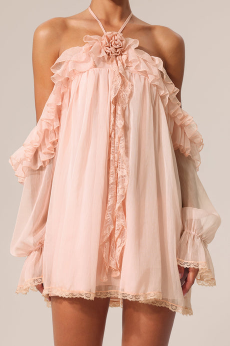 Iliana Pink Ruffled Hem Mini Dress with Flower Neckline and Puffed Sleeves