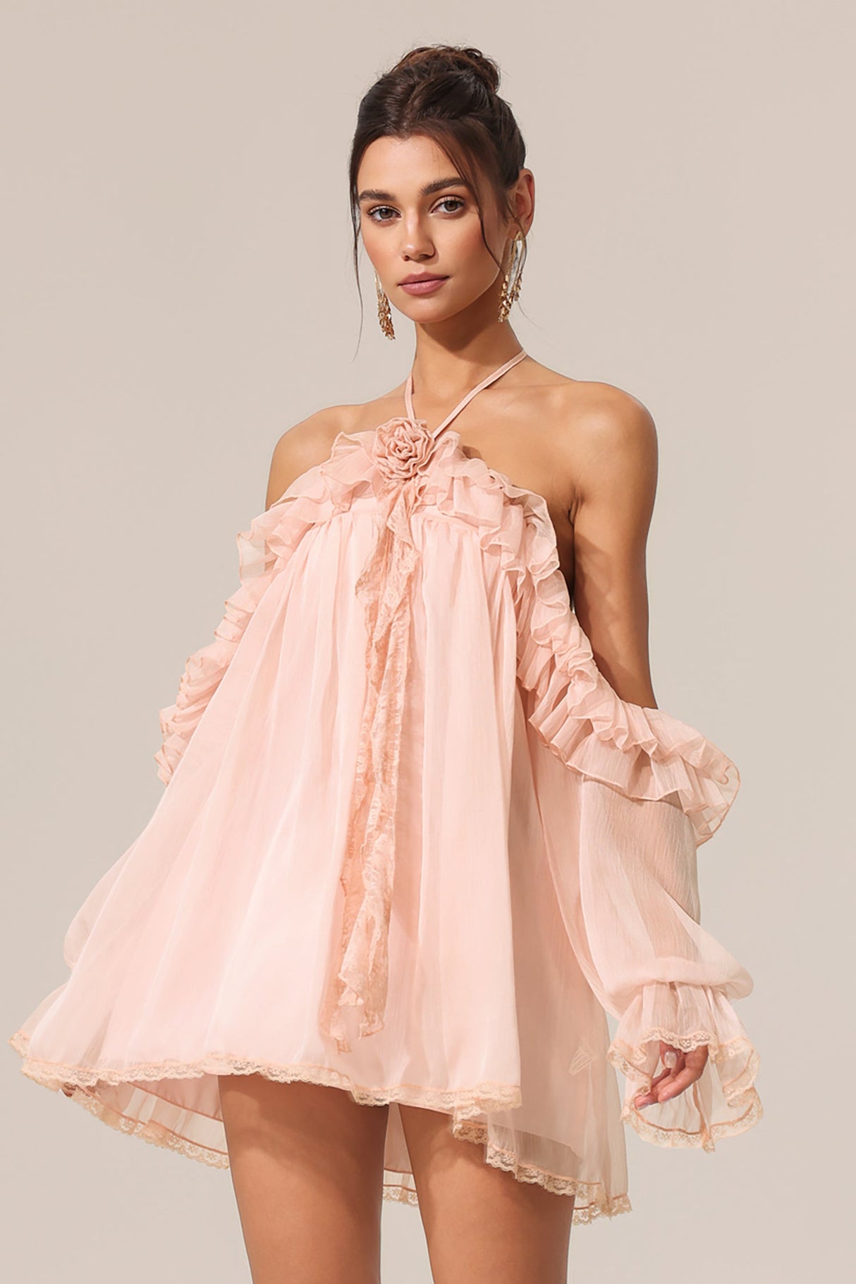 Iliana Pink Ruffled Hem Mini Dress with Flower Neckline and Puffed Sleeves