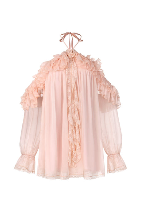 Iliana Pink Ruffled Hem Mini Dress with Flower Neckline and Puffed Sleeves