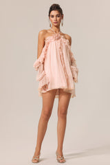 Iliana Pink Ruffled Hem Mini Dress with Flower Detail