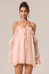 Iliana Pink Ruffled Hem Mini Dress with Flower Neckline and Puffed Sleeves