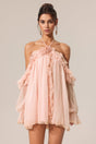 Iliana Pink Ruffled Hem Mini Dress with Flower Neckline and Puffed Sleeves