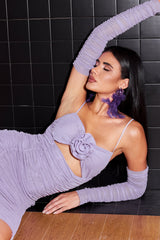 Iliana Purple Mesh Halter Neck Ruched Cut-Out Midi Dress