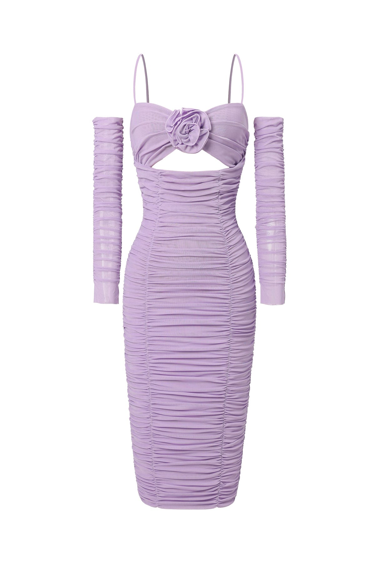 Iliana Purple Mesh Halter Ruched Cut-Out Midi Dress