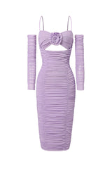 Iliana Purple Mesh Halter Ruched Cut-Out Midi Dress