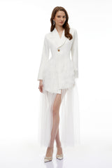 Illyria White Blazer Maxi Dress with Ruffled Tulle