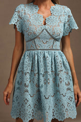Imelda Blue Lace V-Neckline Mini Dress Floral Patterns Hourglass Figure