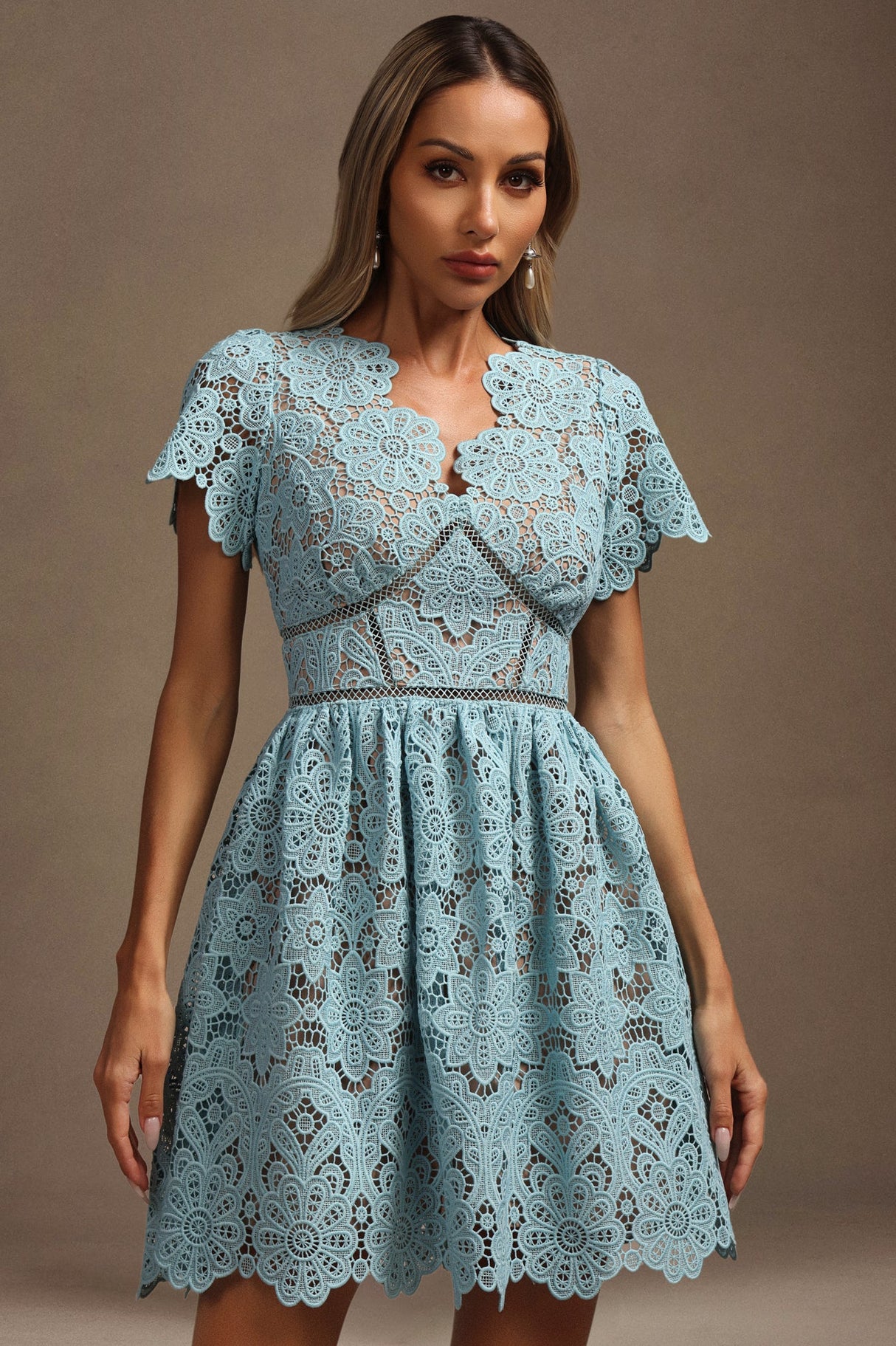 Imelda Blue Lace V-Neck Mini Dress Floral Pattern Flutter Sleeve Hourglass Fit