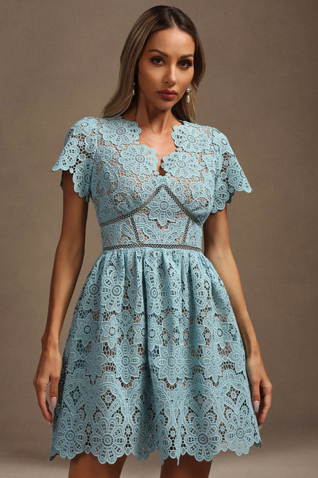 Imelda Blue Lace V-Neck Mini Dress Floral Pattern Flutter Sleeve Hourglass Fit