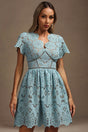 Imelda Blue Lace V-Neck Mini Dress Floral Pattern Flutter Sleeve Hourglass Fit
