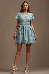 Imelda Blue Lace V-Neck Mini Dress Floral Patterns Flutter Sleeves Hourglass Figure