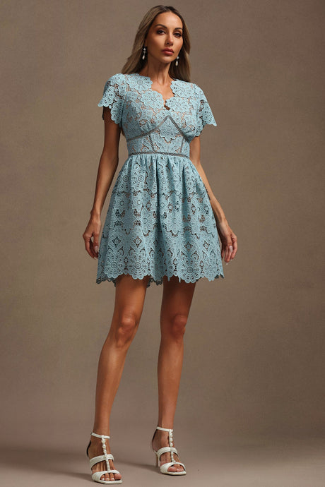Imelda Blue Lace V-Neck Mini Dress Floral Pattern Flutter Sleeve Hourglass Fit