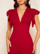 Imelda Jumpsuit - Refined Style - Regular Fit - Medium Stretch Fabric - Long Length - High Waist - Deep V Neck - Flounce Cap Sleeve