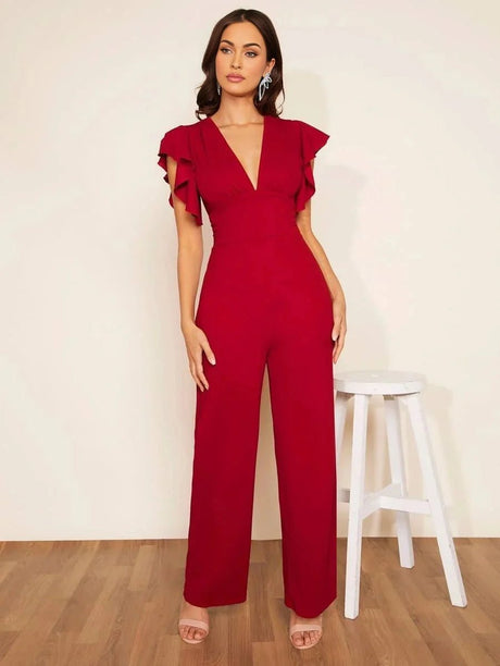 Imelda Jumpsuit - Refined Style - Regular Fit - Medium Stretch Fabric - Long Length - High Waist - Deep V Neck - Flounce Cap Sleeve