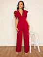 Imelda Jumpsuit - Refined Style - Regular Fit - Medium Stretch Fabric - Long Length - High Waist - Deep V Neck - Flounce Cap Sleeve